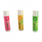 White plastic tube with choice of stock flavor SPF15 lipbalm, four color process imprint label and white plasticcap